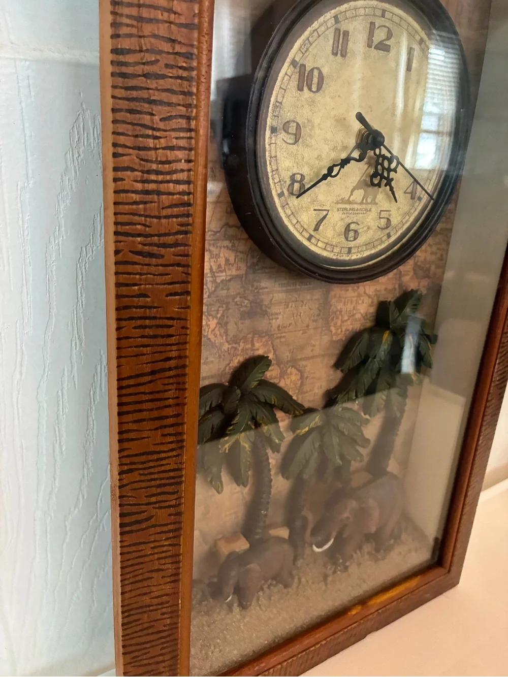 Vtg African Safari 3D Shadow Box Wall Clock Elephant Family Map WORKS 18.25x11”